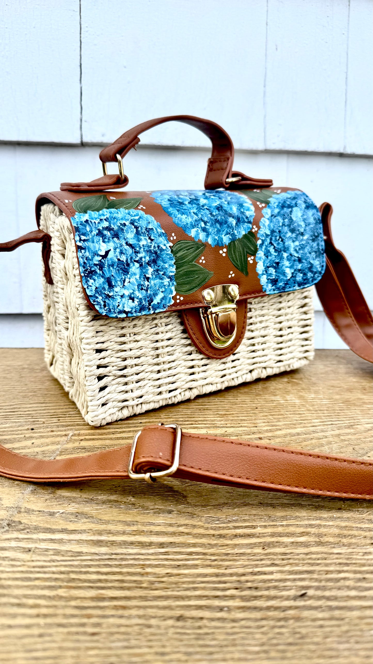 Hand Painted Hydrangea Straw Bags