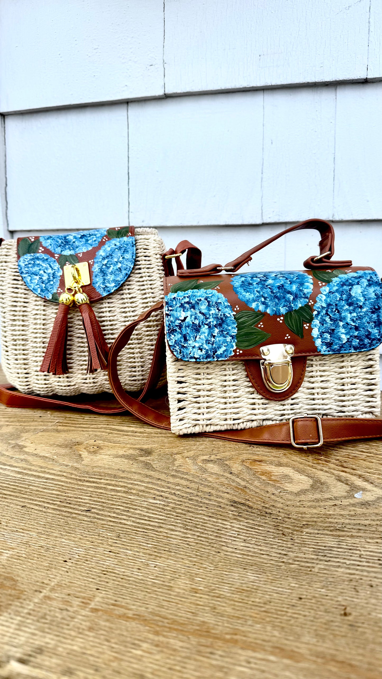 Hand Painted Hydrangea Straw Bags