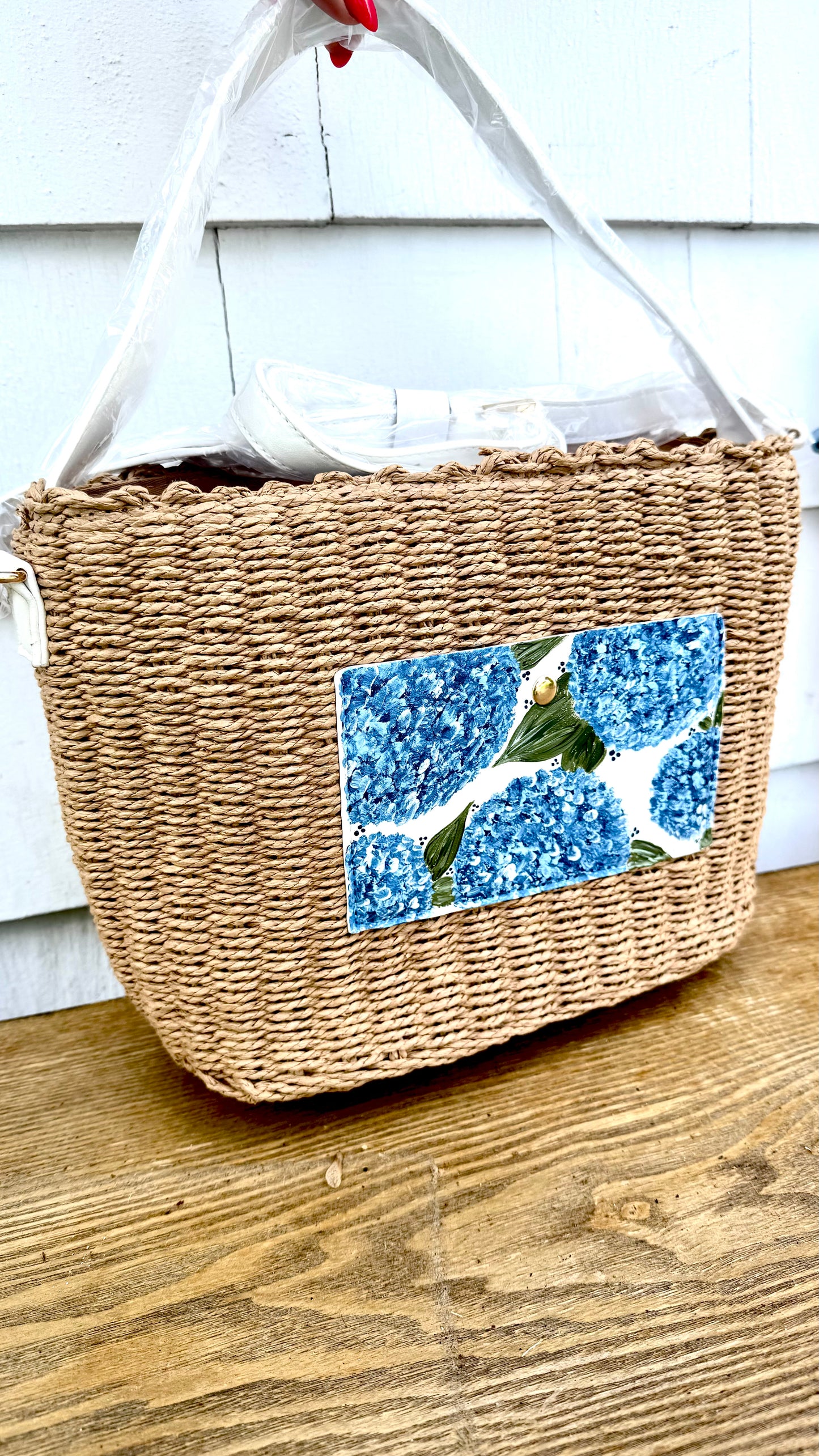 Hand Painted Hydrangea Straw Bags