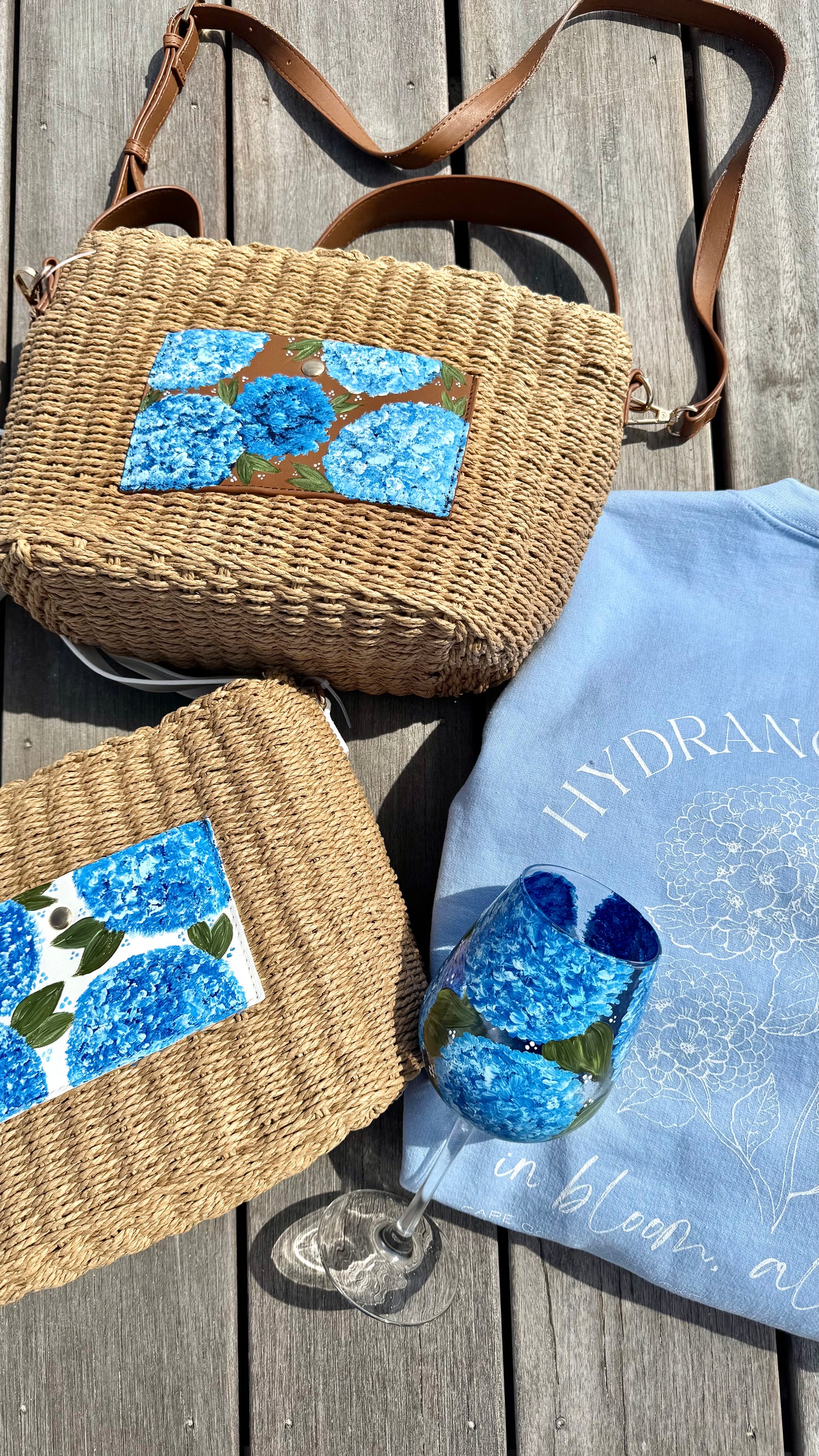 Hand Painted Hydrangea Straw Bags