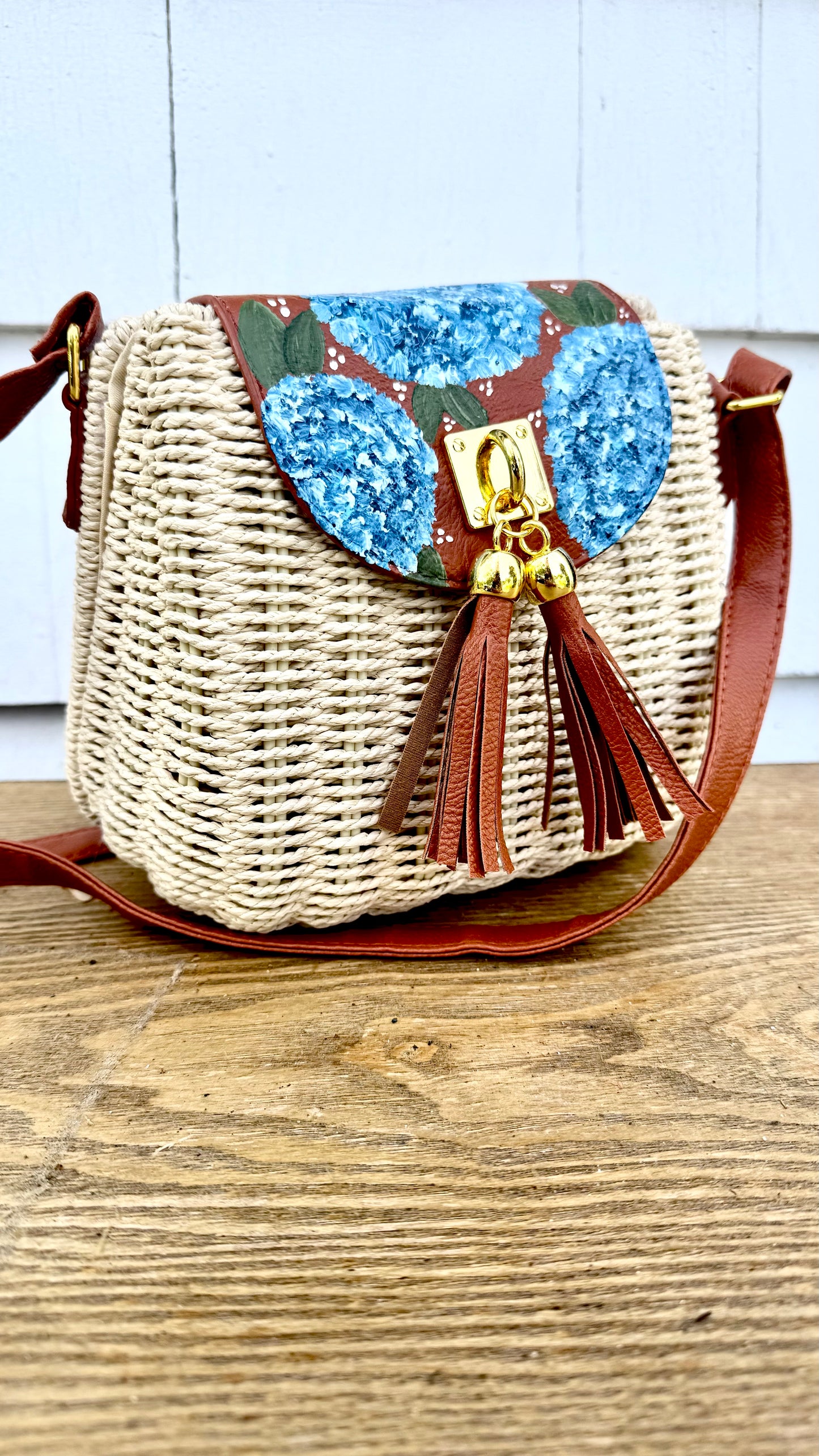 Hand Painted Hydrangea Straw Bags