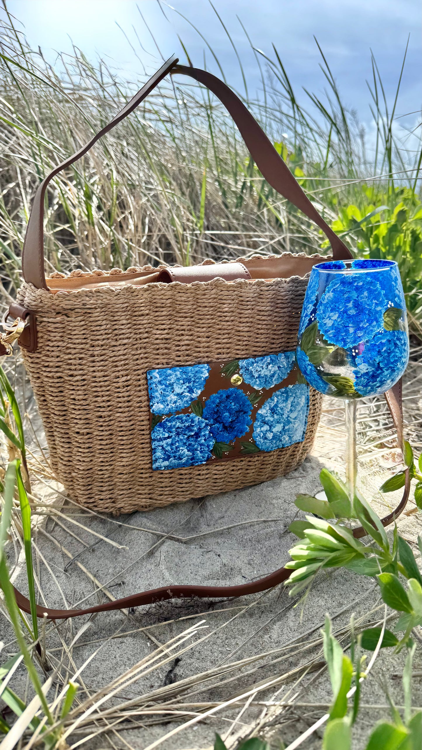 Hand Painted Hydrangea Straw Bags