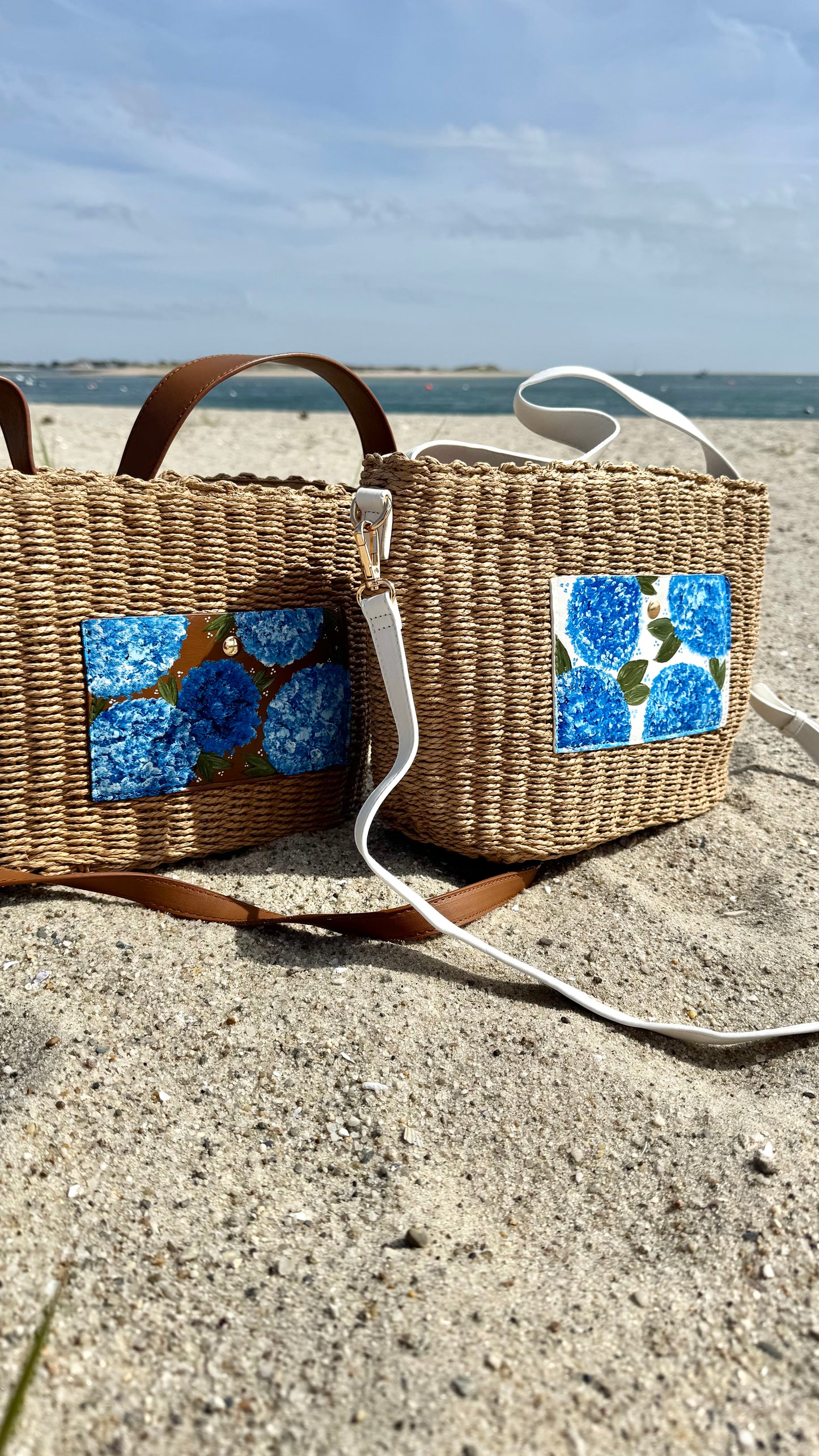 Hand Painted Hydrangea Straw Bags