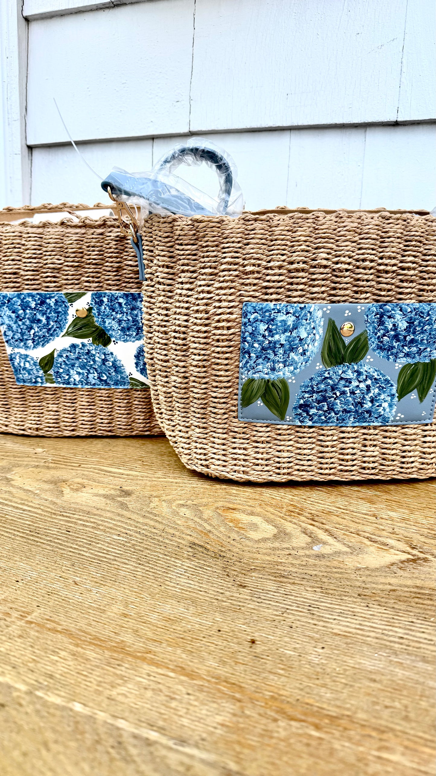 Hand Painted Hydrangea Straw Bags