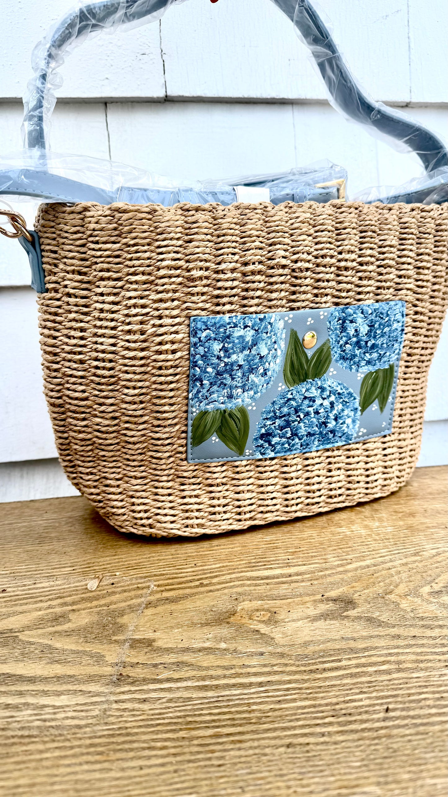 Hand Painted Hydrangea Straw Bags