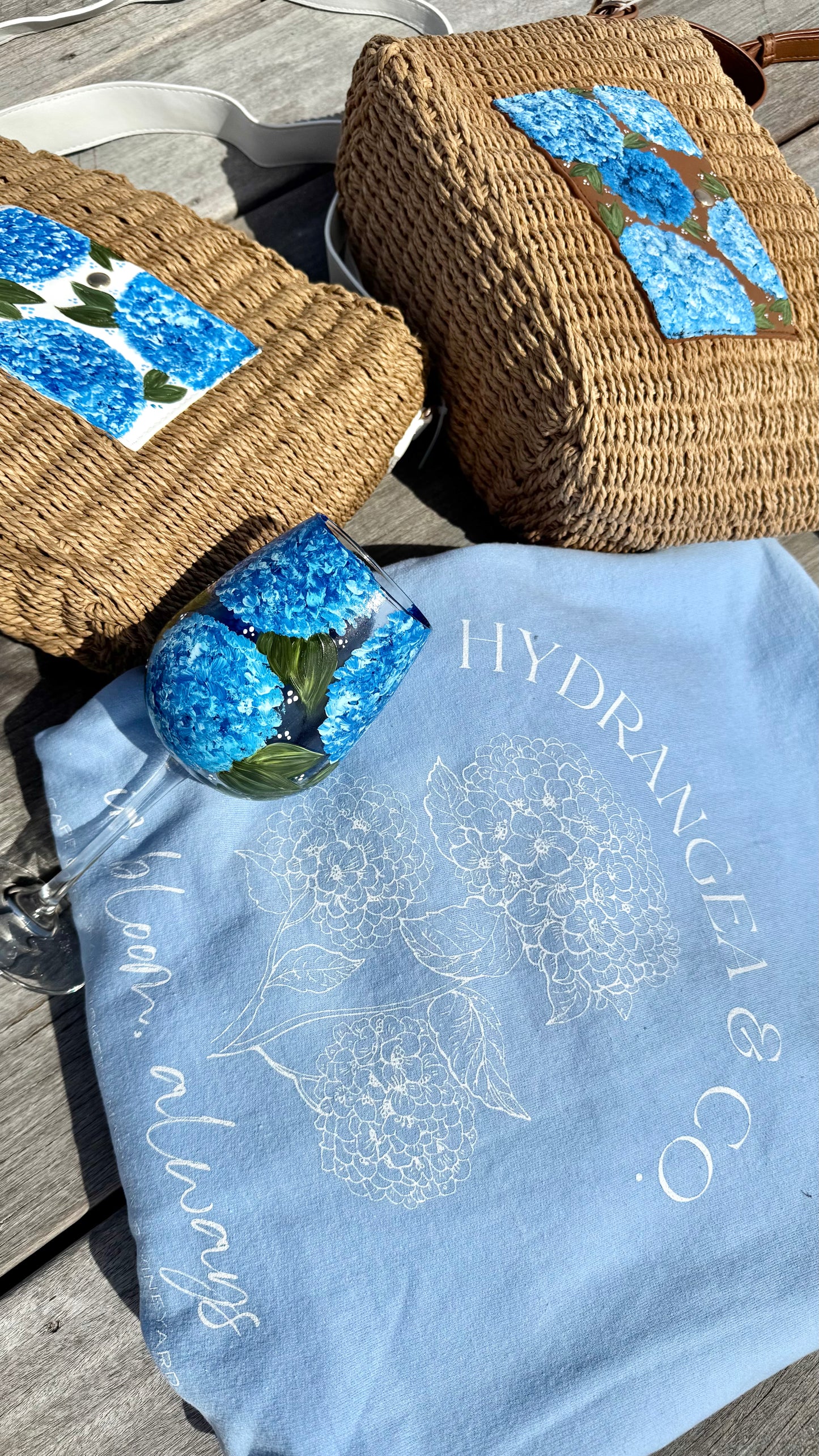 Hand Painted Hydrangea Straw Bags
