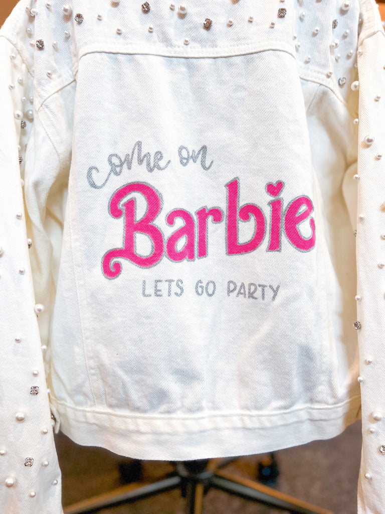 Load image into Gallery viewer, Barbie Hand Lettered + Painted Pearl Denim Jacket
