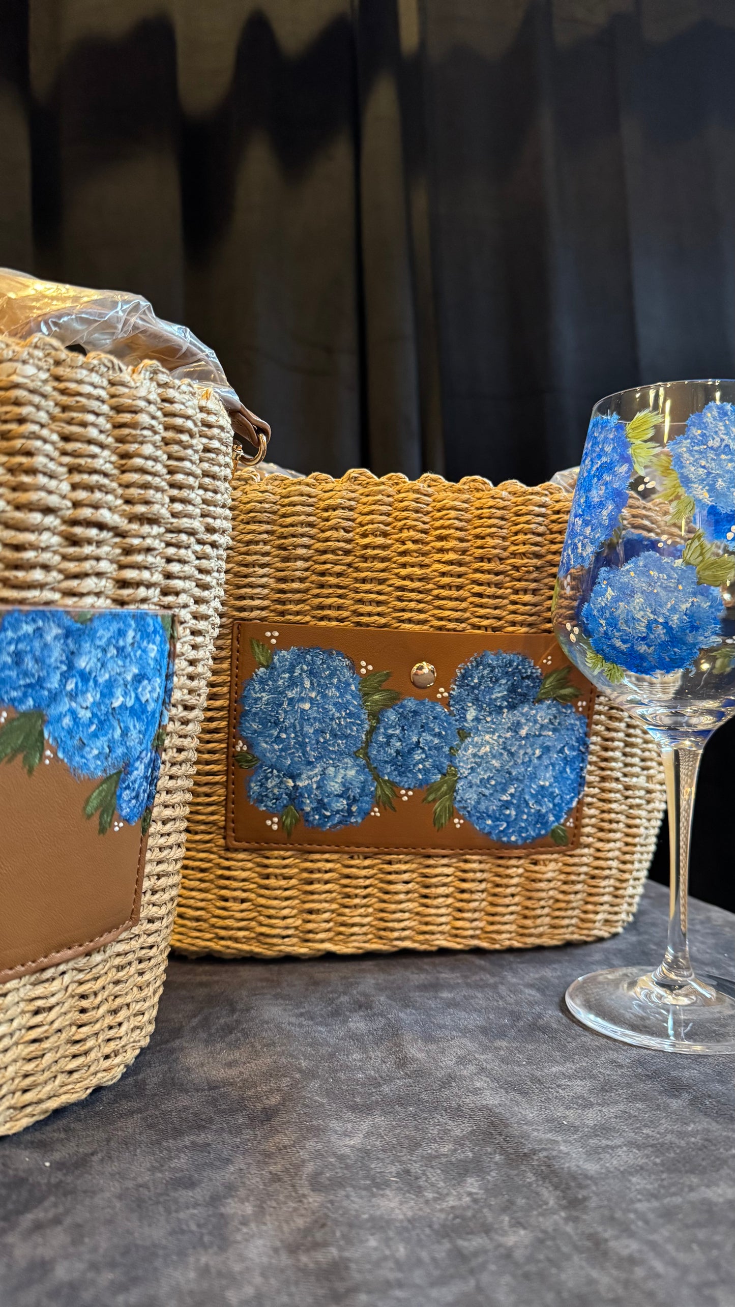 Hand Painted Hydrangea Straw Bags