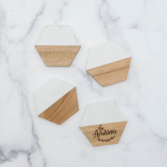 Marble and Wood Coasters - Set of 4